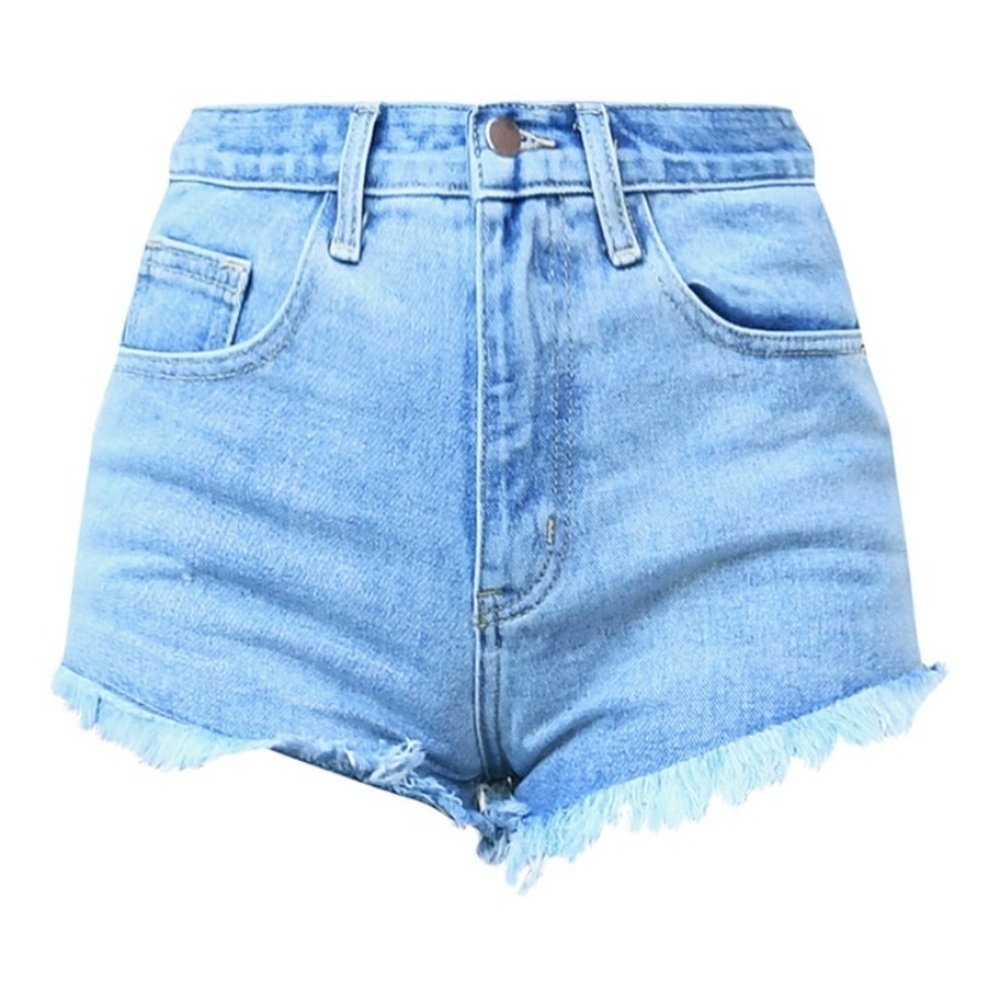 Light blue wash frayed hem denim shorts